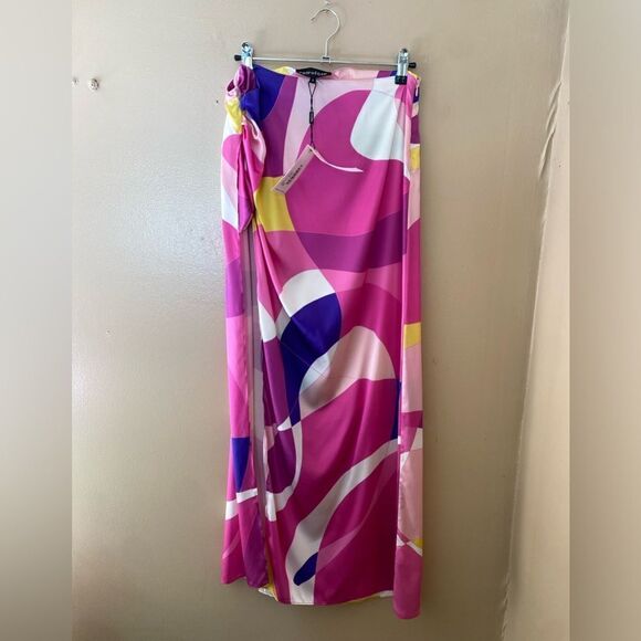 Retrofete Gav Silk Skirt bright print high slit geometric midi wrap Revolve S - Picture 14 of 14